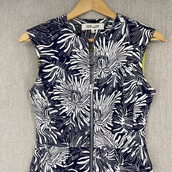Diane Von Furstenburg‎ Dress 4 Black Sheath Flower Print Fitted Bodycon Full Zip - Picture 5 of 12